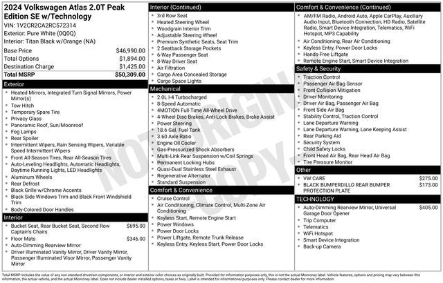2024 Volkswagen Atlas 2.0T Peak Edition SE w/Technology
