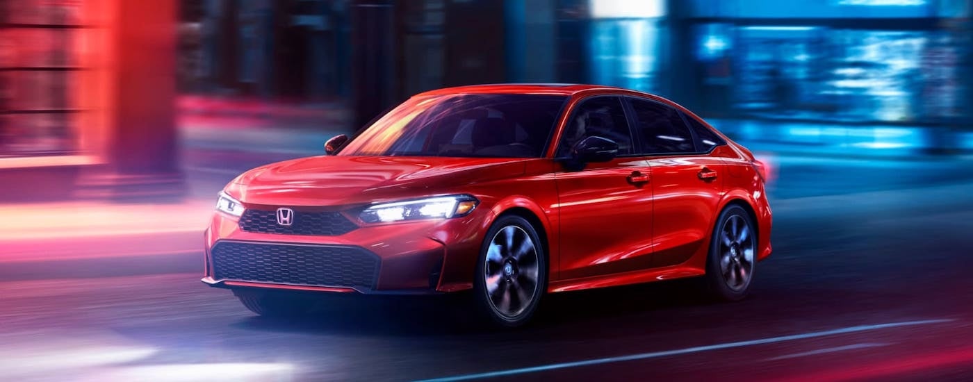 A red 2025 Honda Civic from the front after leaving a Honda dealer near Hoffman Estates.